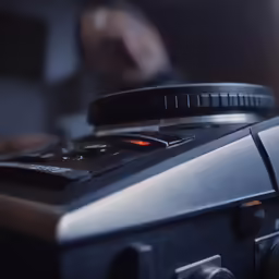 a close up view of an old fashioned camera
