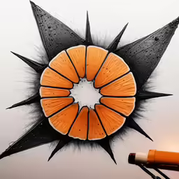 there is an orange and black object with other items around it