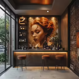 a bar with lights on the wall and artwork behind the bar