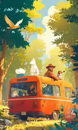 dog riding on the roof of an orange bus