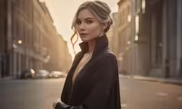 a woman standing on a street corner in the middle of town