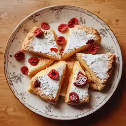 a plate topped with slices of pastry with white powdered toppings