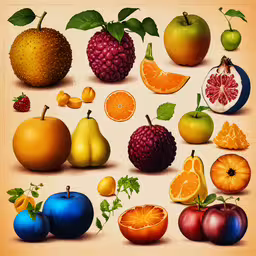 a vintage illustration of fruits and veggies by john frith,a group of fruits, vegetables and fruit cut in half