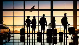 four people at an airport waiting to board a plane,a group of people stand in front of a large window with luggage