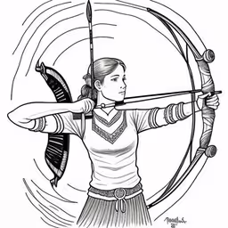 a girl holding a bow and arrow aiming,a girl with an arrow aiming at something,the young girl is aiming in the target drawing by person,an image of a girl aiming with a bow and arrow,a drawing of a woman aiming an arrow