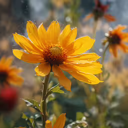 a closeup of flowers that are blooming in the garden,a big yellow sunflower is in bloom in front of others