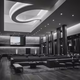 an empty lobby filled with lots of furniture