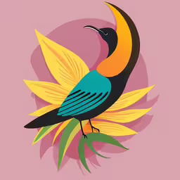 a tropical bird sits upon a floral stem,an orange, yellow and black bird with its tail spread