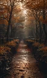 a dark path leading into an autumn forest