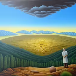 a painting of a man standing in the desert,a painting depicting an adult person standing by a grassy landscape,an image of a man standing in front of a surreal scene,a painting of a man in white on a landscape,a painting of a person in a landscape