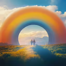 two people stand in front of a large rainbow structure