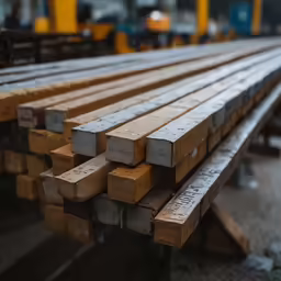 a pile of wooden benches that are outside