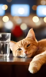 an orange cat is sitting next to a glass of water