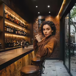 a woman standing at the bar with many bottles of wine behind her
