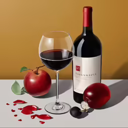 an apple and glass of wine on a table