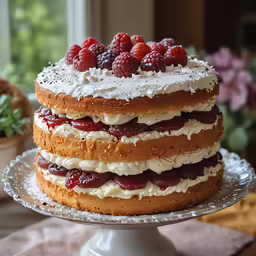 a cake on a glass plate with raspberries and whip cream