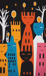 a colorful, abstract painting that shows cats