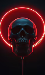 skull with headdress lit up in red light