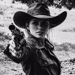 the girl in the leather jacket has a gun in her hand