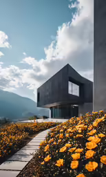 the building with the yellow flowers in front is overlooking the mountains