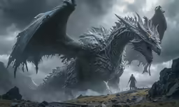 an image of a man standing next to two large dragon