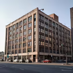 a very tall building with lots of windows and cars