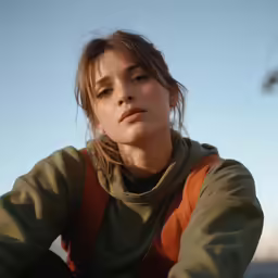 a young woman wearing an orange and brown outfit