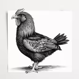 a drawing of a black and white chicken on a plain paper