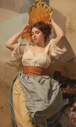 a woman in a dress with a fan on her head