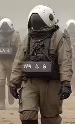 a man dressed in uniform and gear walking in dust