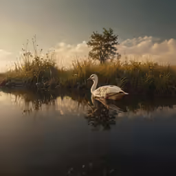 a swan floating in a pond near trees