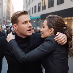 a man with his arm around a woman who is wearing black and has her head touching her shoulder