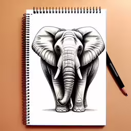 a sketch of an elephant by the pen,a notebook with an elephant drawn on top of it,the elephant is drawn on a spiral notebook,an elephant drawn with a black marker on a notebook,an elephant illustration is shown on a note book