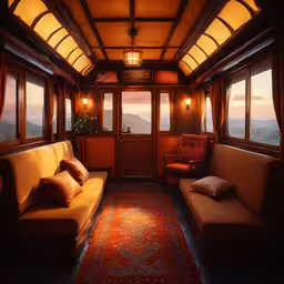 an empty, dimly lit train car sits next to windows,a large long couch next to two windows in a train