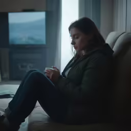 a woman sitting on the couch using her phone
