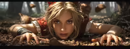 a woman lying in the leaves and staring directly at the camera