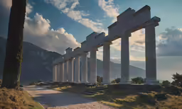 a group of white pillars sit on top of a hill