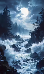 the landscape of a river at night with trees in the background