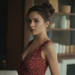 a woman with a dress that has sequins on it