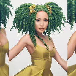 an animated image of a young woman with curly green hair