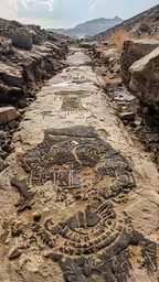 a stone pathway with various designs on it,a stone road with many different designs in it