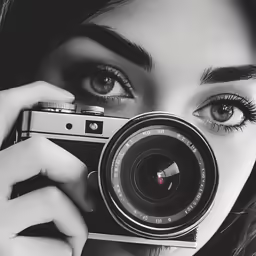 a woman holding a camera taking pictures with her long lens
