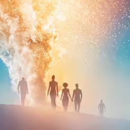 a group of people holding hands walking up a hill