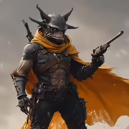 a knight wearing armor with a gun and wearing horns