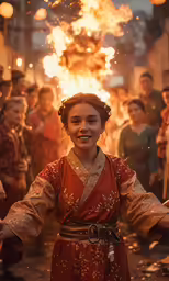 the little girl in the red dress is glowing while other people watch