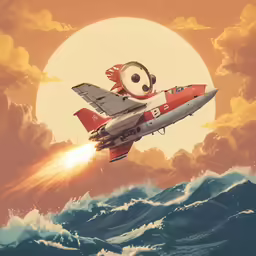 an airplane with cartoon eyes flying through the air over waves