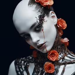 a model with a bloody face with red flowers on her head