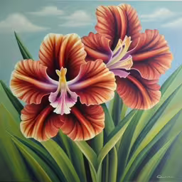 three orange and purple flowers with leaves,a painting of some flowers with leaves on it,this painting shows a pair of flowers in full bloom,this is a painting of flowers that are in full bloom,two orange flowers with green leaves on the bottom of them