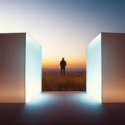 a man looking up into the sky, through two cube shaped doors