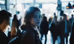 young woman staring intently at a busy city street
